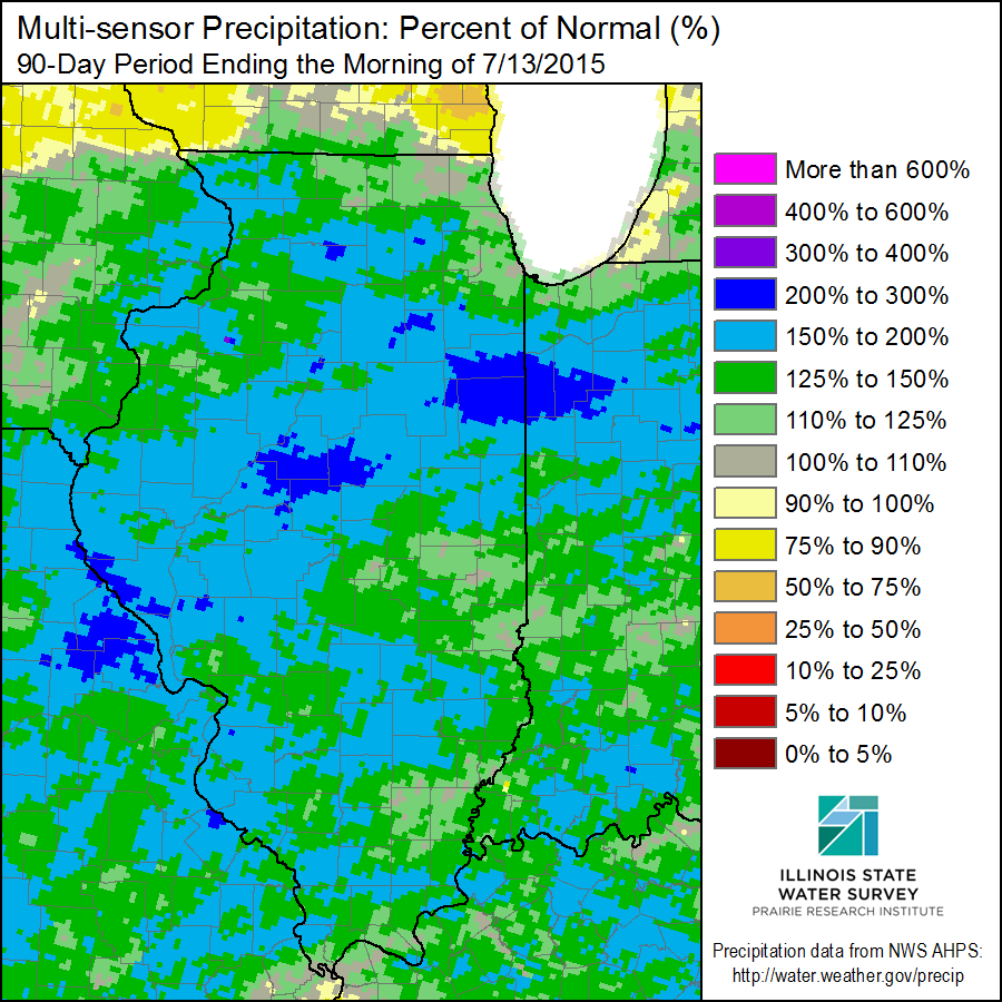 Here is the precipitation across Illinois for past 90 days as a percent of average. Click to enlarge. 