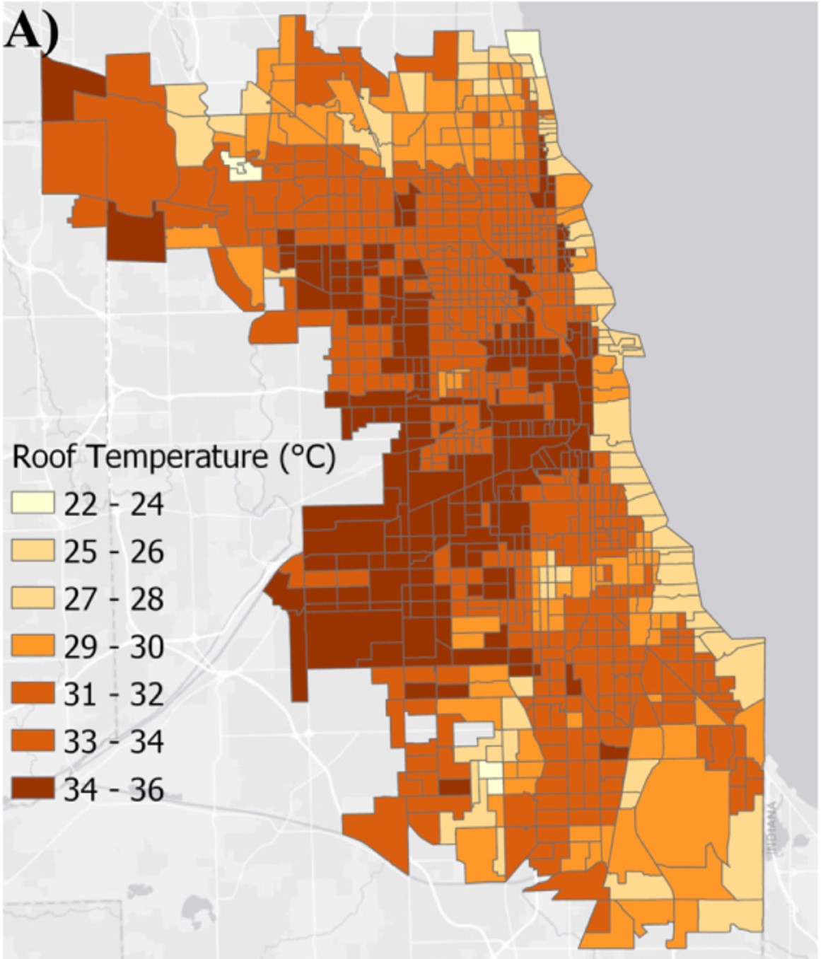 Map of average rooftop temperature by census tract in Chicago. The map shows the intensity of the urban heat island effect increasing temperatures in some neighborhoods relative to others.