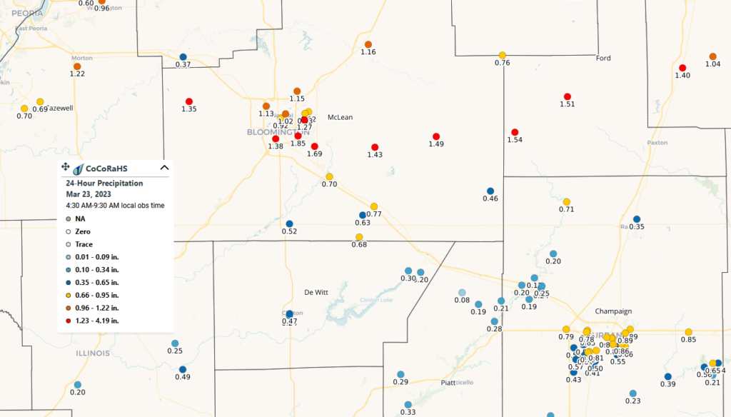 Map of daily CoCoRaHS observations in central Illinois from March 23rd. 